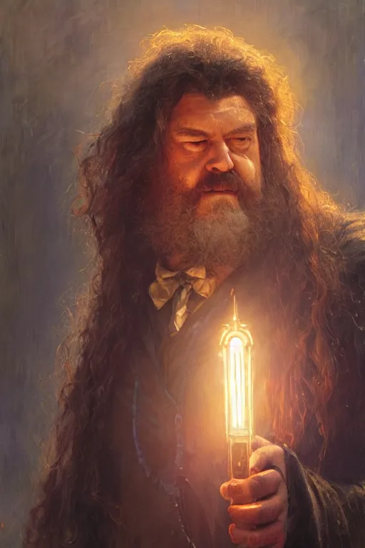 Image similar to hagrid as doctor who, radiant light, caustics, heroic, bright iridescent light, by gaston bussiere, bayard wu, greg rutkowski, maxim verehin bloom dramatic lighting