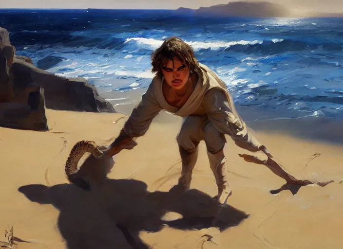 Image similar to a highly detailed beautiful portrait of anakin skywalker hissing at sand, by gregory manchess, james gurney, james jean