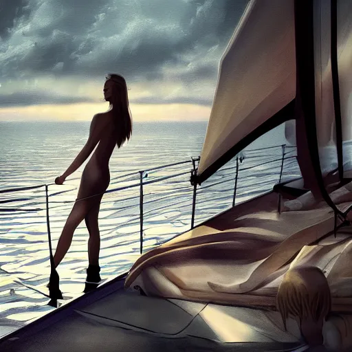 Image similar to beautiful russian models on a yacht, moody lighting, peaceful atmosphere, digital art, highly detailed, high contrast, beautiful lighting, award winning, trending on art station, 8 k,