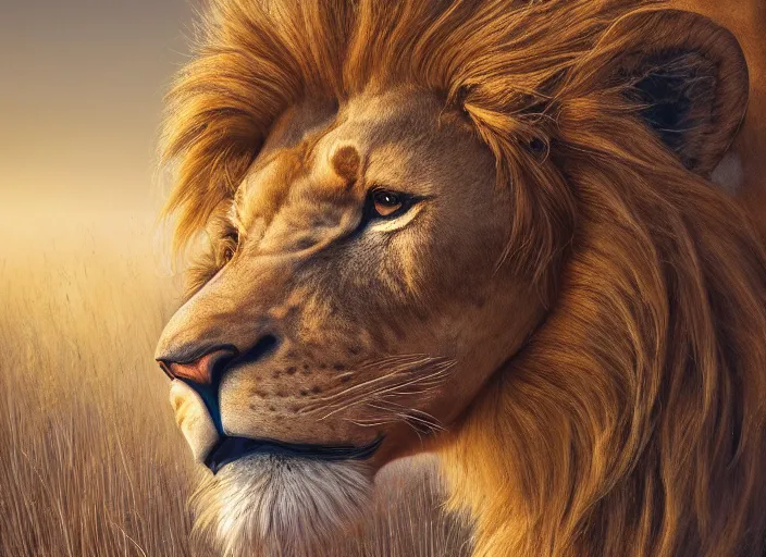 Prompt: a full body shot, detailed photograph of a dreaming lion head in a distance landscape photorealism ultradetailed digital art, irina french, heraldo ortega, mandy jurgens, golden ratio, art canvas, award winning, masterpiece trending on artstation 8 k 1 5 0 mpx