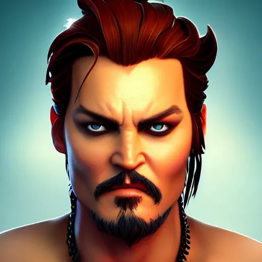 Image similar to Portrait of Johny Depp as Heracles the greek demigod, mattepainting concept Blizzard pixar maya engine on stylized background splash comics global illumination lighting artstation lois van baarle, ilya kuvshinov, rossdraws