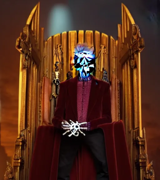 Prompt: peter capaldi dressed as skeletor atop a throne in a secret underground lair : : wide shot, highly detailed face, colored lighting, rim lighting, octane, craig mulins, octane, 8 k