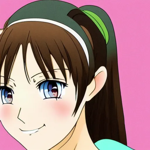 Prompt: A medium shot anime portrait of a happy light brown-haired brunette anime woman, a single short ponytail, parted light brown hair, bare forehead, blue-eyed, bright blue eyes, eyes with some blue and small amount of green, big bold thick eyebrows, thick jawline, uniform teeth, big lips, round face, big round nose, closed lips, wearing a t-shirt, solid blue background, by Stanley Artgerm Lau, WLOP, Rossdraws, James Jean, Andrei Riabovitchev, Marc Simonetti, and Sakimi chan, trending on artstation