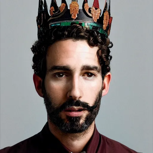 Prompt: french handsome man with curly short brown hair and a big nose and a brown goatee with a luxury crown