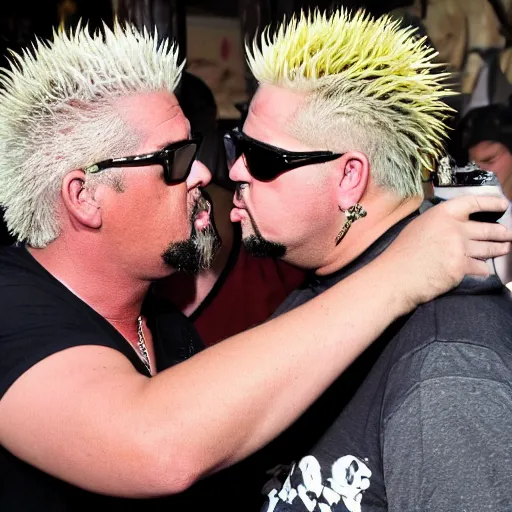 Image similar to a photo of guy fieri kissing guy fieri on their honeymoon, 4 k detail, portrait