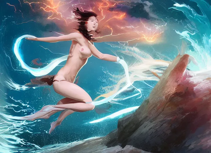 Prompt: seductive lee jin - eun running on water at super speed, emerging from multiversal galactic portal, splashes of lightning behind her, zooming past a small island, by ilya kuvshinov and peter mohrbacher and ruan jia, and m. k. kaluta, rule of thirds, coherent symmetry, close up, majestic, beautiful eyes