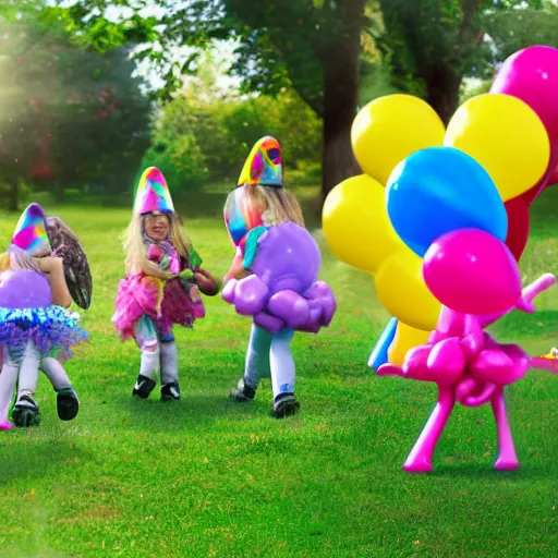 Prompt: children riding (my little pony) at a birthday party in the city park. balloons, cake, presents, craziness, havoc, 8K, 4K, digital art, 3D, cgsociety, realistic photograph