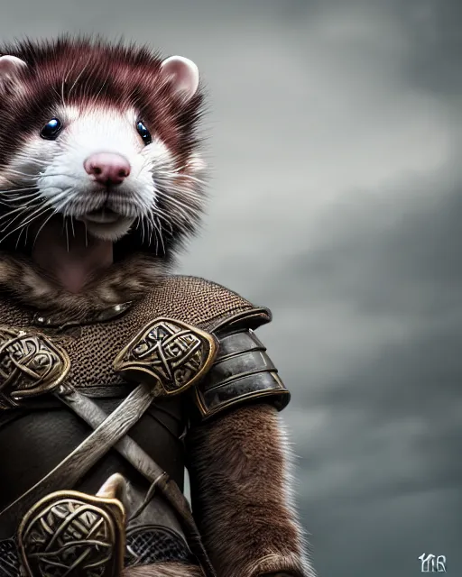 Prompt: ferret warrior, furry, fantasy, viking, high detailed, photography, cloudy, lightweight leather armour, scandinavia, plain, detailed face, look into the distance, serious face, full body, in full growth, professional photographer, masterpiece, 5 0 mm, extremely detailed, 3 d render, digital, 8 k