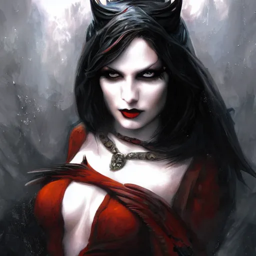 Image similar to raven winged female vampire, fantasy, portrait painted by Raymond Swanland