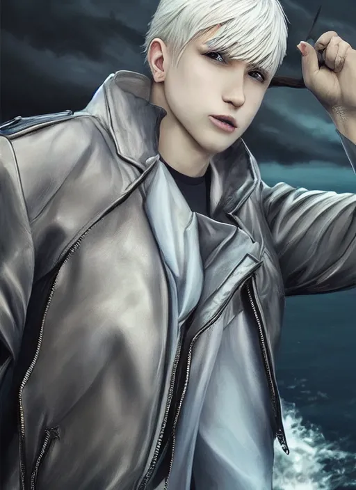 Image similar to beautiful teenage boy with platinum blonde hair and black wings walking on water, wearing leather jacket, beautiful, detailed portrait, cell shaded, 4 k, concept art, by wlop, ilya kuvshinov, artgerm, krenz cushart, greg rutkowski, pixiv. cinematic dramatic atmosphere, sharp focus, volumetric lighting, cinematic lighting, studio quality