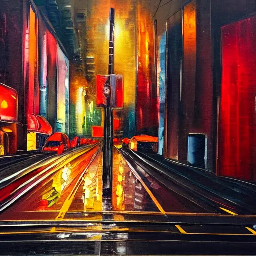 Image similar to city streetscape, dark road with cars, people at night, tall buildings with shops below at street level, neon lights above shops, headlights and stop lights illuminating surroudings, raining, very dark lighting, abstract oil painting