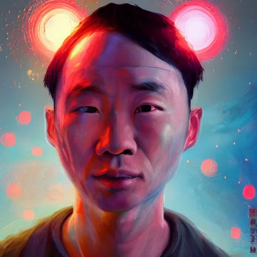 Image similar to colorful character portrait of a chinese prisoner at night lit by the stars, wispy smoke, highly detailed face, very intricate, symmetrical, cinematic lighting, award - winning, painted by mandy jurgens, peter doig, dystopian, bold colors, dark vibes, anime aesthetic, featured on artstation