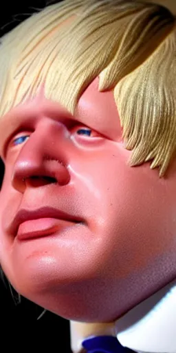 Prompt: wax boris johnson crying melting, union jack tissue