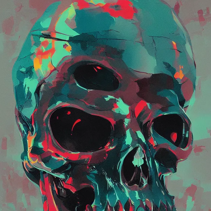 Image similar to a colorful comic noir illustration painting of a cyberpunk skull by sachin teng, sergey kolesov, greg rutkowski, rene magritte. in style of digital art. hyper detailed, sharp focus, soft light. octane render. ray tracing. trending on artstation