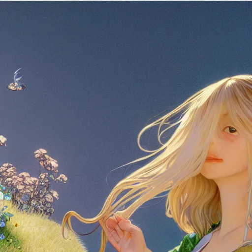 Prompt: A playful young woman with blonde long hair and bangs in shorts and a white blouse and Totoro drawn by Zeronis and Luis Royo and Robert McGinnis and alphonse mucha, background by James Jean and gustav klimt, 4k, sunny day, volumetric lighting, french nouveau, trending on artstation, octane render, hyperrealistic