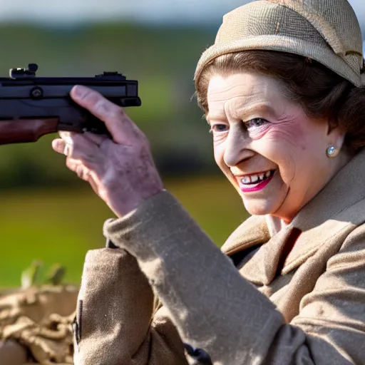 Image similar to Queen Elizabeth II holding a gun while in WWII trenches, highly detailed, high quality, HD, 4k, 8k, Canon 300mm, professional photographer, 40mp, lifelike, top-rated, award winning, realistic, sharp, no blur, edited, corrected, trending