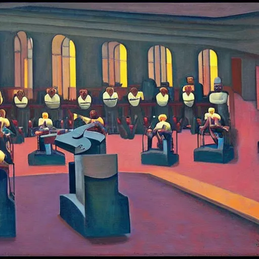 Image similar to robotic choir in an amphitheater, pj crook, grant wood, edward hopper, syd mead, chiaroscuro, oil on canvas