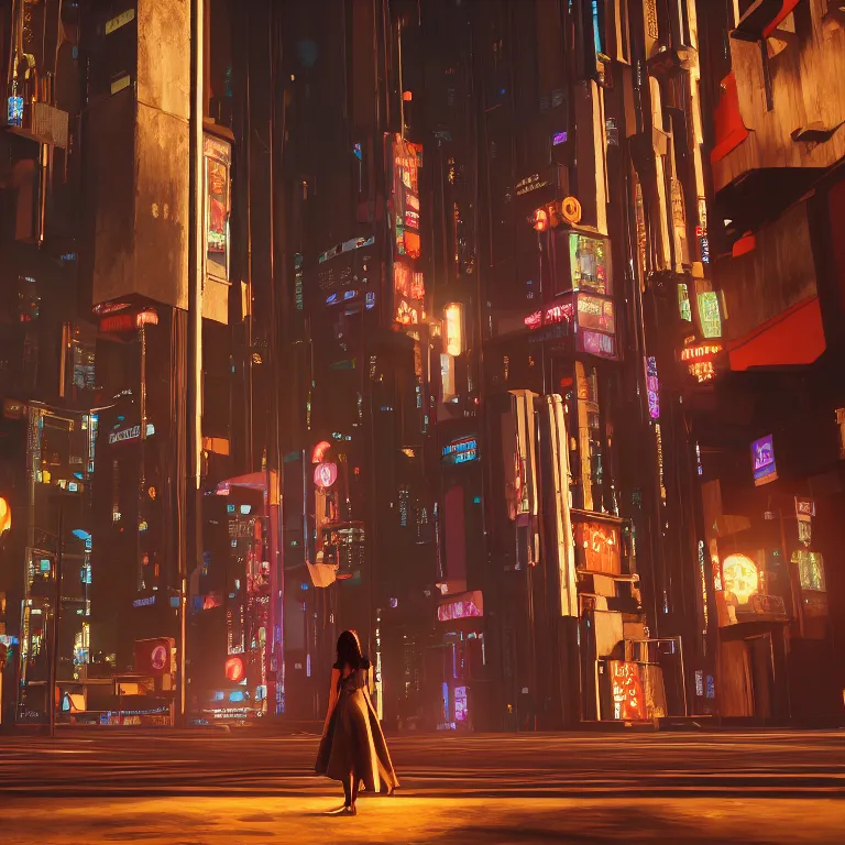 Image similar to Woman in the evening dress in the cyberpunk city by Ivan Lopez, photorealistic, unrealengine, 3d render, 8k resolution