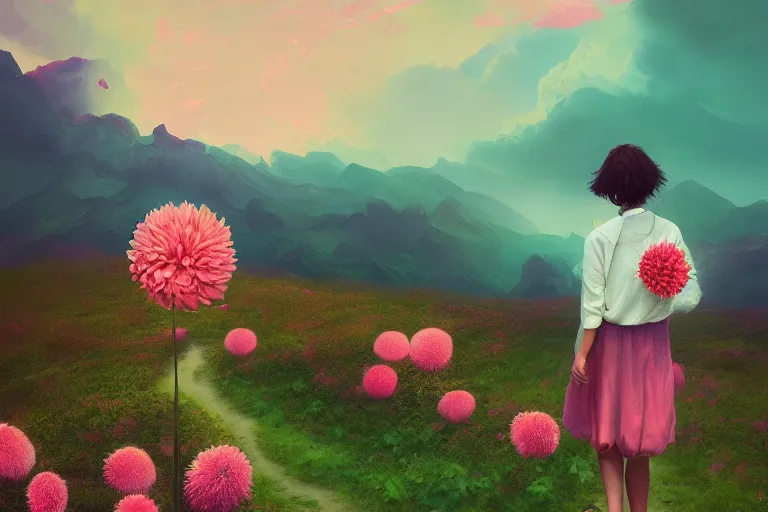 Image similar to giant dahlia flower head, girl walking on mountain, surreal photography, pink storm clouds, dramatic light, impressionist painting, digital painting, artstation, simon stalenhag