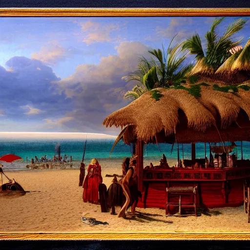 Prompt: a highly detailed matte painting of beautiful beach with a little beach bar, pirates of the caribbean by by caspar david friedrich, trending on artstation, blue, beige and red color scheme