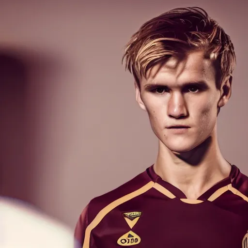 Image similar to a realistic detailed photo of a guy who is an attractive humanoid who is half robot and half humanoid, who is a male android, soccer player martin ødegaard, shiny skin, posing like a statue, blank stare, in a living room, on display