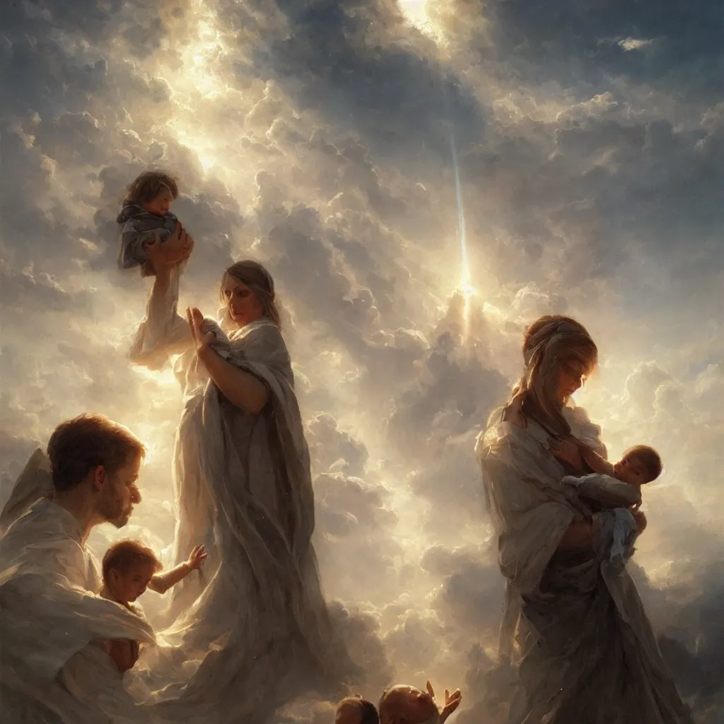 Image similar to a sending down [ of the revelation ] from him who created the earth and the lofty heavens, overdetailed art, mother holding his baby, by greg rutkowski, sharp focus