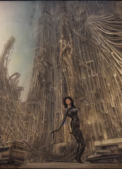 Image similar to Wanda Maximoff, dynamic pose, standing in a h.r. giger city, glowing, wires everywhere, by Edgar Maxence and Ross Tran, Zdzisław Beksiński, and Michael Whelan, distant, gustav dore, H.R. Giger, 8k, octane render