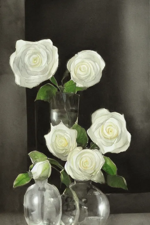 Prompt: white roses and glass vass, water color, dramatic lighting, still life, morandi color, detailed