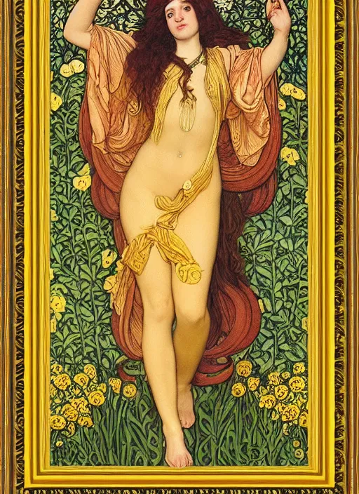 Image similar to masterpiece beautiful seductive flowing curves pose preraphaelite portrait photography, straight bangs, yellow ochre ornate medieval dress, mushroom forest arch, william morris and kilian eng and mucha, framed, 4 k