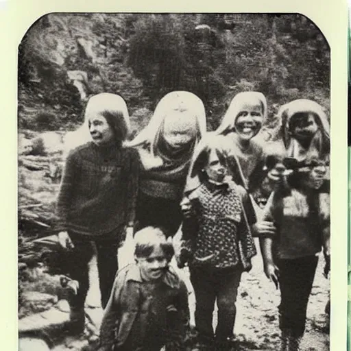 Image similar to really old polaroid photograph of horrorific extraterrestrial beings visiting earth,