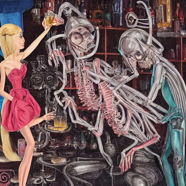 Prompt: anthropomorphic ken & barbie getting drunk, photorealism by h. r. giger, tim burton, full colour spectrum, supersampled, 8 k, beautify