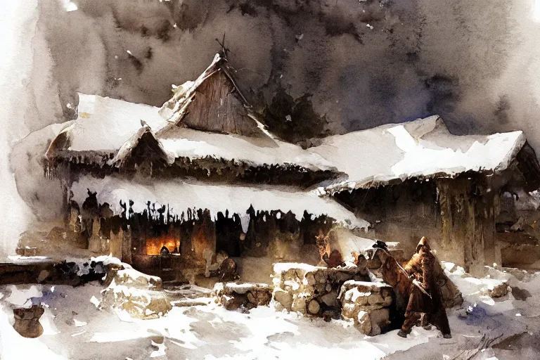 Prompt: abstract watercolor painting of hedonic scandinavian king house interior, in stone, straw roof, war lord, magical and traditional, winter, cinematic light, national romanticism by anders zorn, by greg rutkowski, by greg manchess