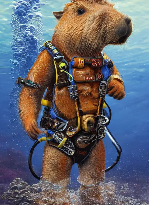 Image similar to detailed full body concept art illustration oil painting of an anthropomorphic capybara scuba-diver in full intricate clothing by Diane Whitehead, biomutant, ultra detailed, digital art, octane render