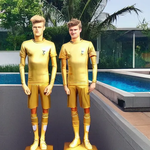Image similar to a realistic detailed photo of a guy who is an attractive humanoid who is half robot and half humanoid, who is a male android, soccer players martin ødegaard & timo werner, shiny skin, posing like a statue, blank stare, by the pool, on display, showing off his muscles, gold soccer shorts, no jersey, statue, many copies of them