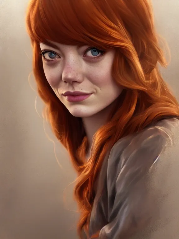 Prompt: emma stone as a young mary jane watson, digital painting, extremely detailed, 4 k, intricate, brush strokes, mark arian, artgerm, bastien lecouffe - deharme
