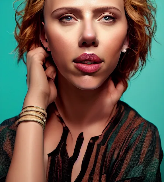 Image similar to portrait photo of Scarlett Johansson:: symmetric face, symmetric eyes, slight smile, photo by Annie Leibovitz, 85mm, teal studio backdrop, Getty images