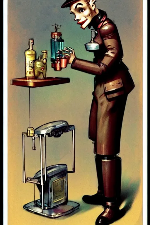 Image similar to ( ( ( ( ( 1 9 5 0 s retro future robot android bartender behind a bar dog. muted colors. ) ) ) ) ) by jean - baptiste monge!!!!!!!!!!!!!!!!!!!!!!!!!!!!!!