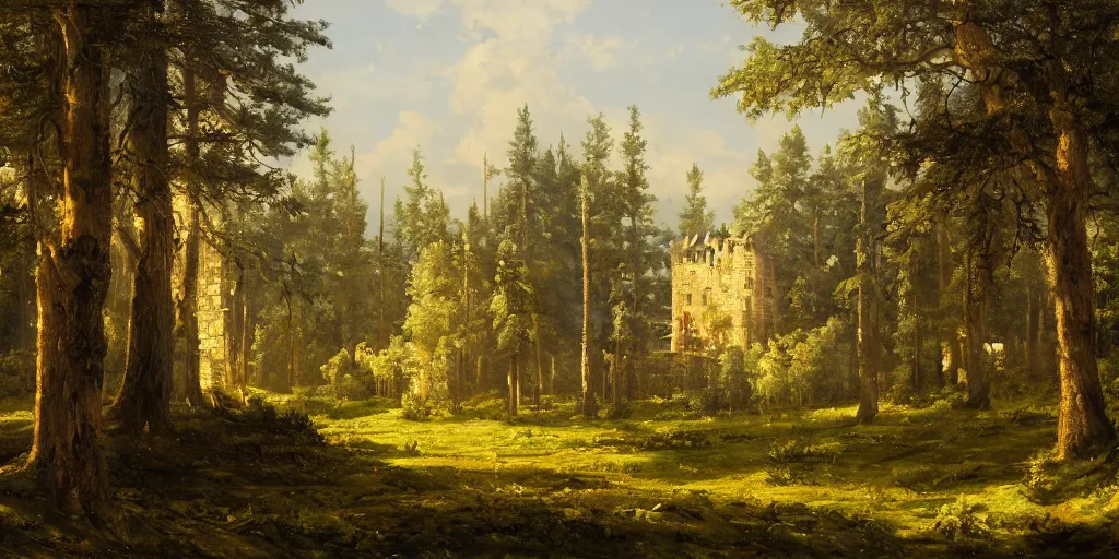 Prompt: landscape of a large castle in a pine forest, well lit, detailed, cinematic lighting, oil painting