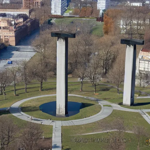 Image similar to aerial view of brutalist extensive monument ricardo bofill ( ( ( ( ( park ) ) ) ) ) spomenik with ( ( railings ) ) photo, 4 k