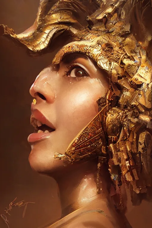 Image similar to trojan girl, joyful, close-up portrait, intricate, elegant, volumetric lighting, scenery, digital painting, highly detailed, artstation, sharp focus, illustration, concept art, ruan jia, steve mccurry