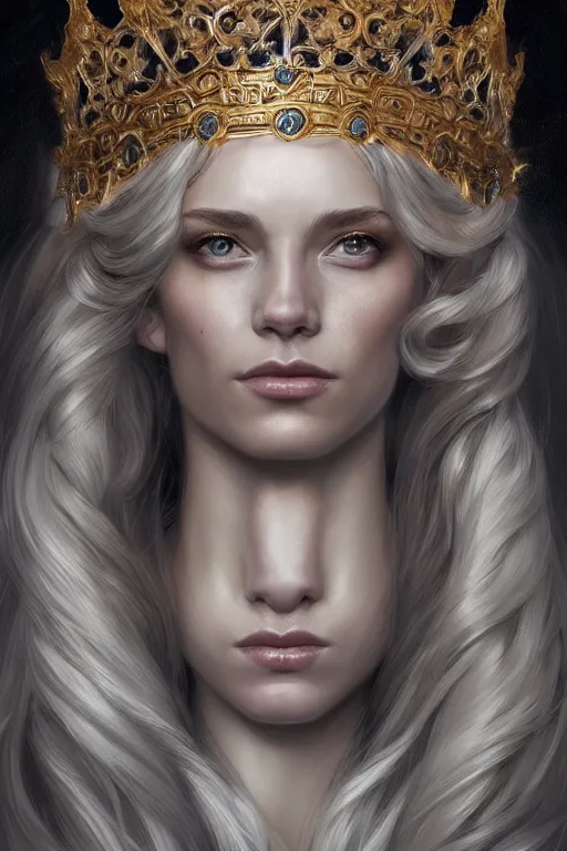 Image similar to highly detailed portrait of an elegant norwegiangoddess, ornate crown, beautiful symmetrical face, glowing skin, digital painting, artstation, concept art, smooth, clear focus, illustration, greg rutkowski, artgerm, global lighting, detailed and fantasy