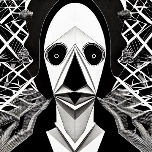 Image similar to neo - gothic white on black grainy effect conceptual figurative post - morden monumental abstract portrait made by escher and piranesi, highly conceptual figurative art, intricate detailed illustration, illustration sharp geometrical detail, vector sharp graphic, controversial poster art, polish poster art