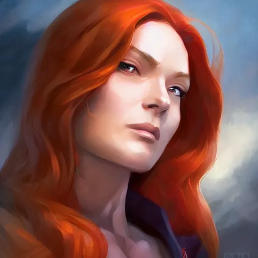 Image similar to jean grey, a half body of jean grey, comic, x - men, highly detailed, artstation, digital painting, vivid colors, realistic shaded perfect face, soft lighting, atmospheric, cinematic, moody, in the style of krenz cushart, oil on canvas, 8 k