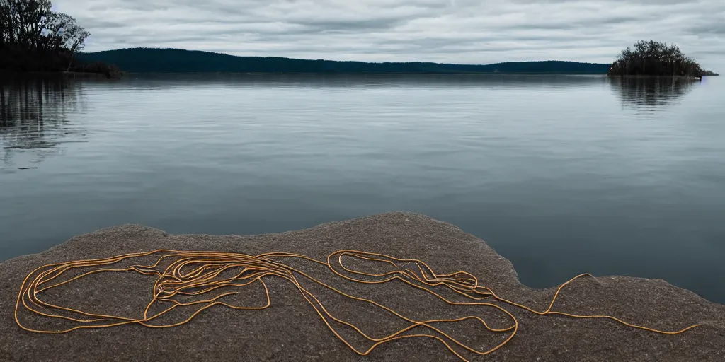 Prompt: centered photograph of a single line of thick long rope floating on the surface stretching out to the center of the lake, a dark lake on a cloudy day, color film, sandy shore foreground, hyper - detailed photo, anamorphic lens