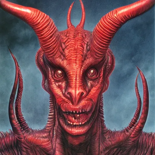 Image similar to realistic alien with horns. red eyes, human eyes, background flames, by wayne barlowe