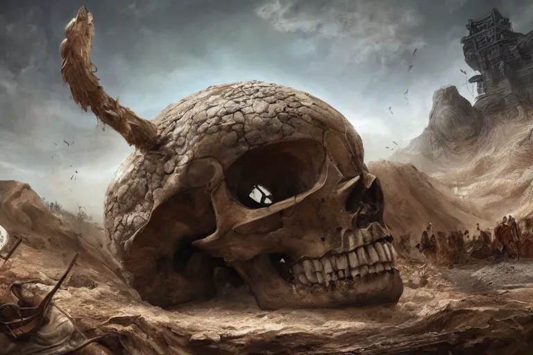 Image similar to a giant skull being unearthed in an excavation site, digital painting, mixed media, trending on artstation and deviantart, epic composition, magnum opus, highly detailed, 8 k