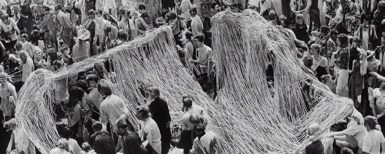 Prompt: hippies standing on a stage made of spaghetti protesting the war, 1 9 6 0's, muted, canon 5 0 mm, cinematic lighting, photography, retro, film, kodachrome