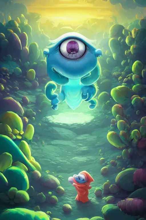 Image similar to smurf ghost creature animal sushi cristal very big eye roots cactus elemental flush of force nature micro world fluo fishscale, behance hd by jesper ejsing, by rhads, makoto shinkai and lois van baarle, ilya kuvshinov, rossdraws radiating a glowing aura global illumination ray tracing hdr