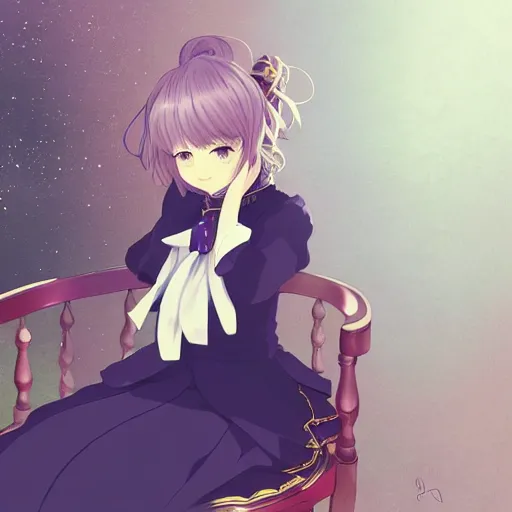 Image similar to a character portrait of violet evergarden, sitting down on a chair in a victorian home background, style of kyoto animations, trending on pixiv, anime, high detail, character accurate