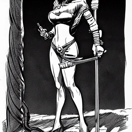 Prompt: realistic full body concept art of a female pirate by Wally Wood